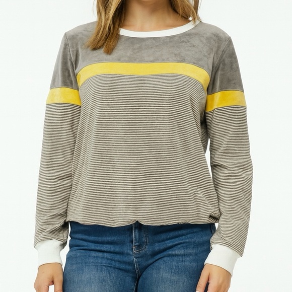 80’s GIVENCHY for Saks Fifth Avenue Yellow & Gray Stripe Velour Pullover L - Picture 1 of 8